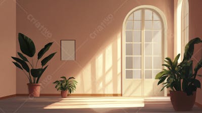 Ilustração Digital de Sala de Estar Japonesa com Luz Natural e Plantas Verdes