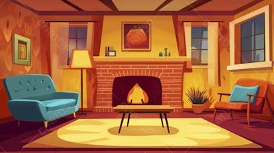 Ilustração Digital de Sala de Estar Japonesa com Luz Natural e Plantas Verdes