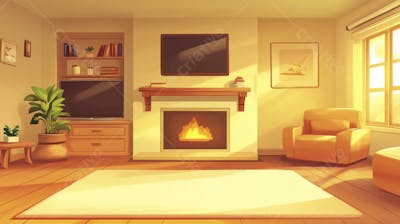 Ilustração Digital de Sala de Estar Japonesa com Luz Natural e Plantas Verdes