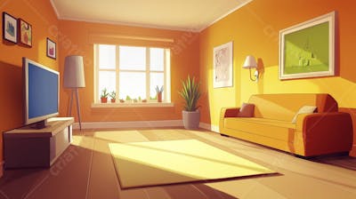 Ilustração Digital de Sala de Estar Japonesa com Luz Natural e Plantas Verdes