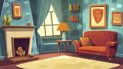 Ilustração Digital de Sala de Estar Japonesa com Luz Natural e Plantas Verdes
