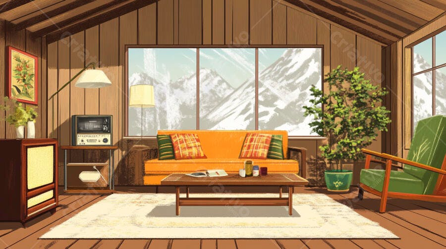 Sala de estar retrô com vista montanhosa