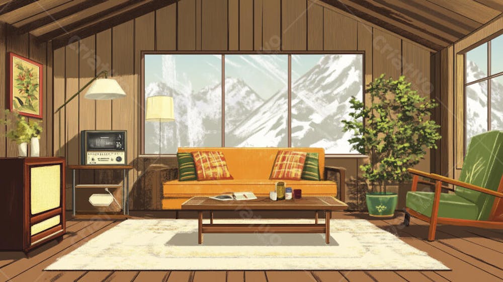 Ilustração Digital de Sala de Estar Japonesa com Luz Natural e Plantas Verdes