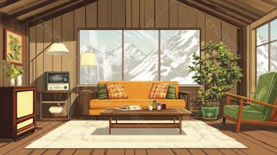 Ilustração Digital de Sala de Estar Japonesa com Luz Natural e Plantas Verdes