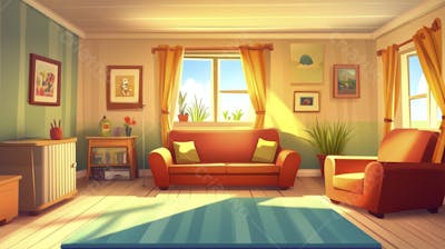 Ilustração Digital de Sala de Estar Japonesa com Luz Natural e Plantas Verdes