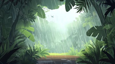 Ilustração Digital de Floresta Tropical Chuvosa com Vegetação Verde Densa