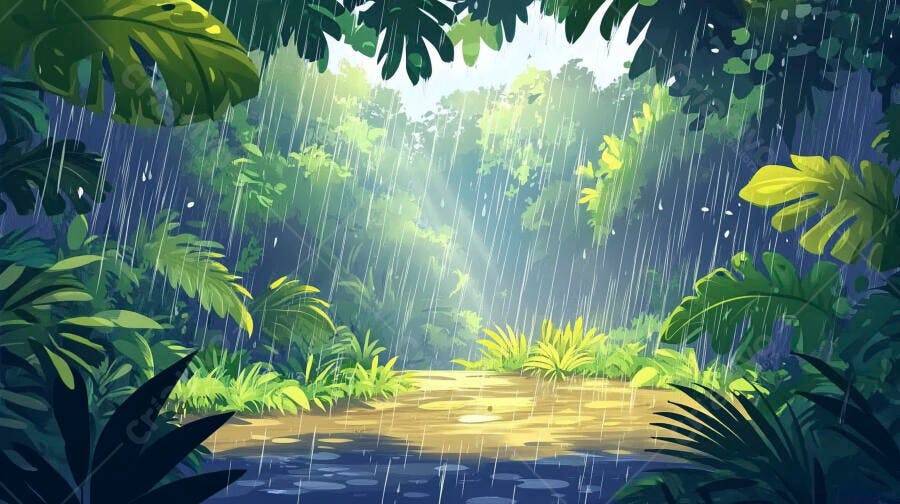 Chuva tropical em floresta exuberante
