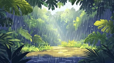 Ilustração Digital de Floresta Tropical Chuvosa com Vegetação Verde Densa