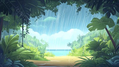 Ilustração Digital de Floresta Tropical Chuvosa com Vegetação Verde Densa