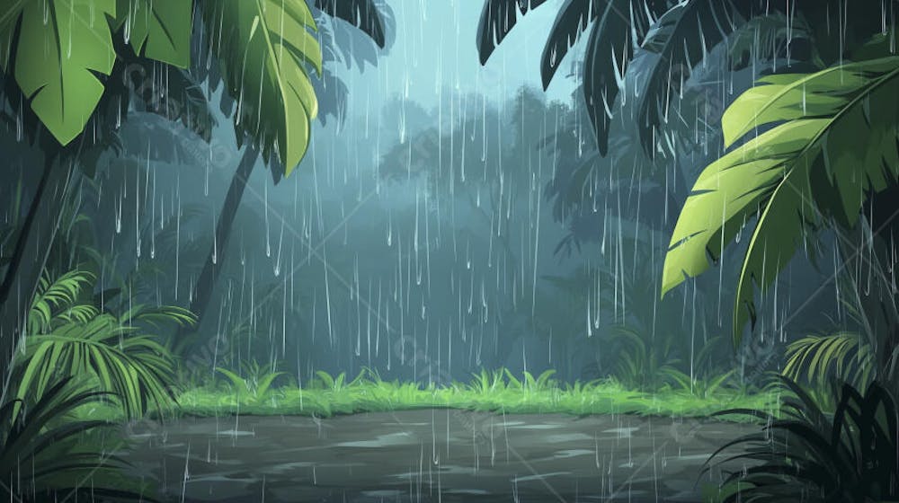 Ilustração Digital de Floresta Tropical Chuvosa com Vegetação Verde Densa