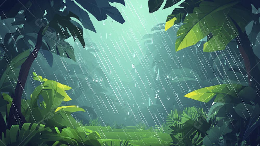 Ilustração Digital de Floresta Tropical Chuvosa com Vegetação Verde Densa