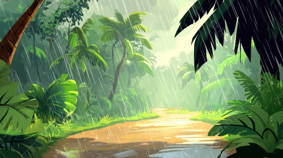 Trilha na floresta tropical sob chuva