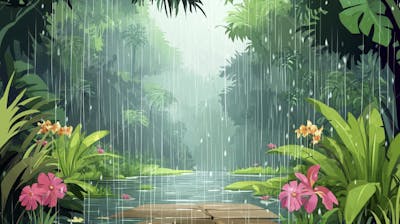 Ilustração Digital de Floresta Tropical Chuvosa com Vegetação Verde Densa