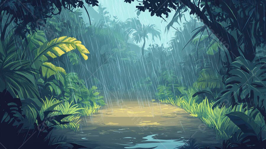 Trilha na floresta tropical sob chuva
