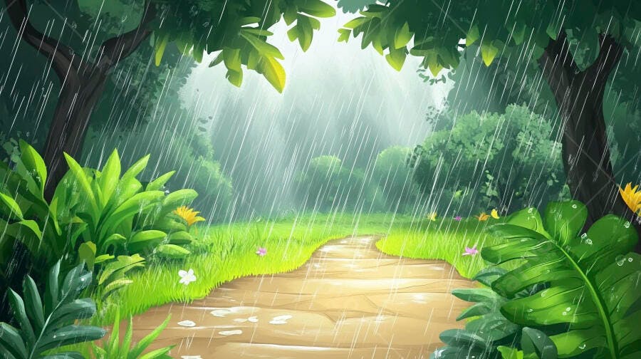 Trilha na floresta sob chuva tropical