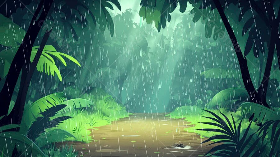 Trilha na floresta tropical sob chuva