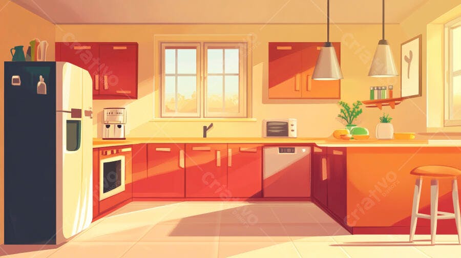 Cozinha moderna iluminada pela manhã