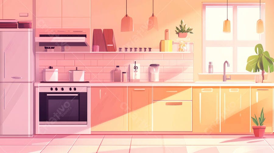 Cozinha moderna tons pastel iluminada pelo sol