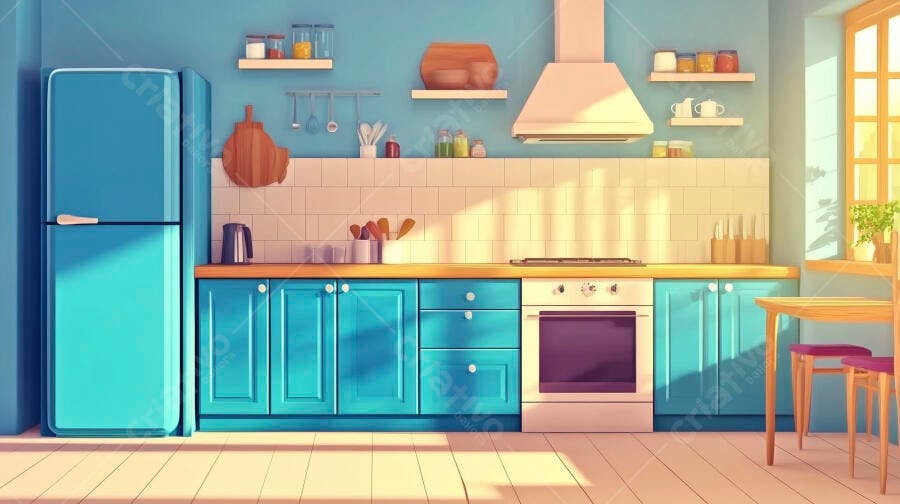 Cozinha azul iluminada pela manhã