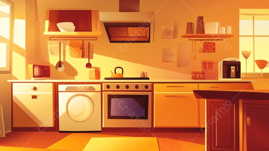 Cozinha aconchegante iluminada pelo sol da manhã