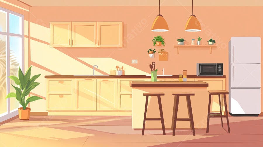 Cozinha aconchegante iluminada pelo sol da manhã