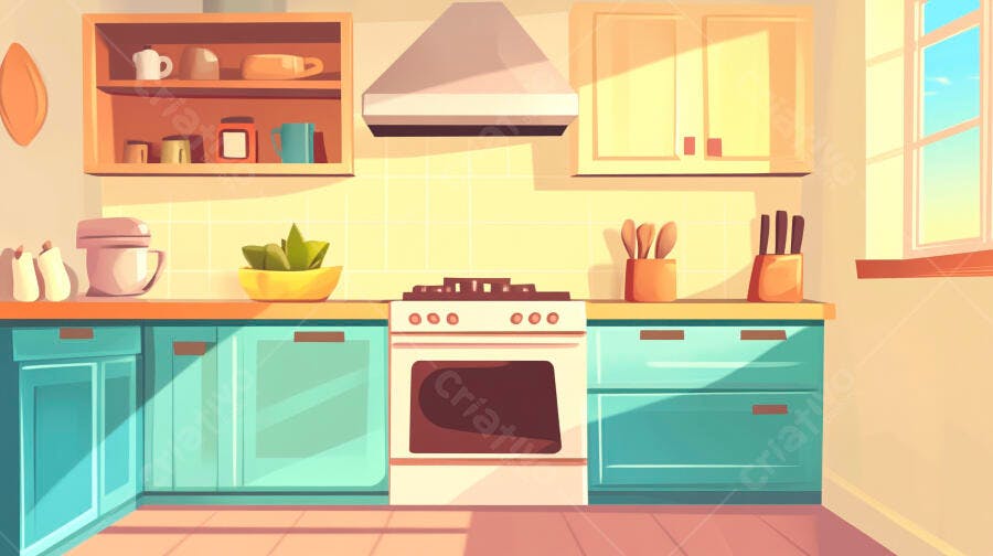 Cozinha aconchegante estilo vintage com armários turquesa