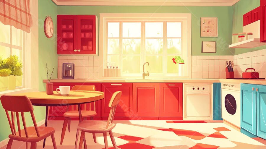 Cozinha aconchegante estilo retrô com mesa de café da manhã
