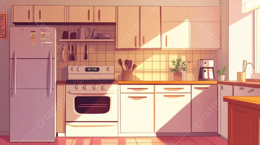 Cozinha aconchegante iluminada pelo sol da manhã