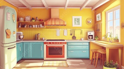 Ilustração Digital de Cozinha Ensolarada com Design Aconchegante e Copy Space