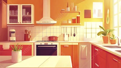 Ilustração Digital de Cozinha Ensolarada com Design Aconchegante e Copy Space