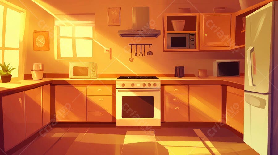 Cozinha aconchegante iluminada pelo sol da manhã