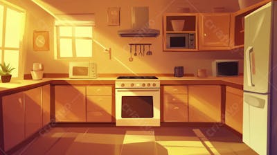 Ilustração Digital de Cozinha Ensolarada com Design Aconchegante e Copy Space