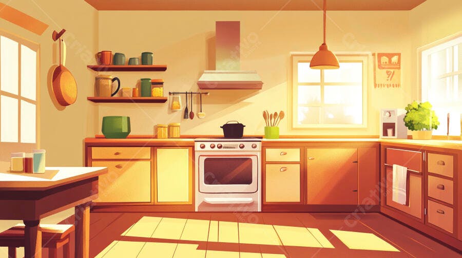 Cozinha aconchegante estilo vintage com iluminação solar