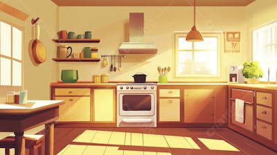 Ilustração Digital de Cozinha Ensolarada com Design Aconchegante e Copy Space
