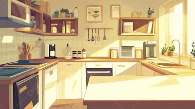 Ilustração Digital de Cozinha Ensolarada com Design Aconchegante e Copy Space