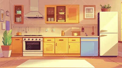 Ilustração Digital de Cozinha Ensolarada com Design Aconchegante e Copy Space
