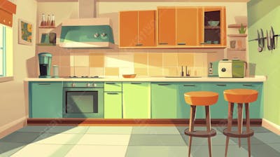 Ilustração Digital de Cozinha Ensolarada com Design Aconchegante e Copy Space