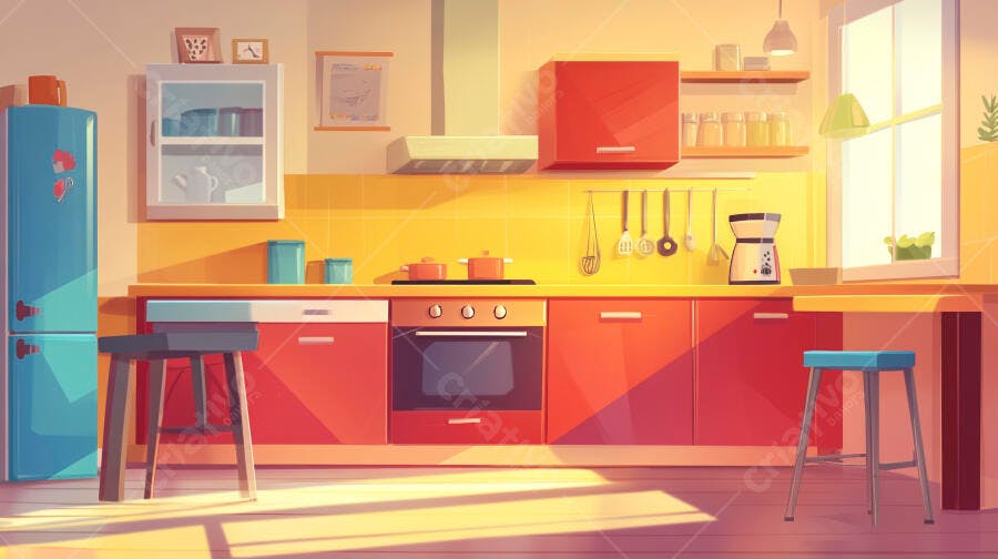 Cozinha moderna e aconchegante com armários vermelhos