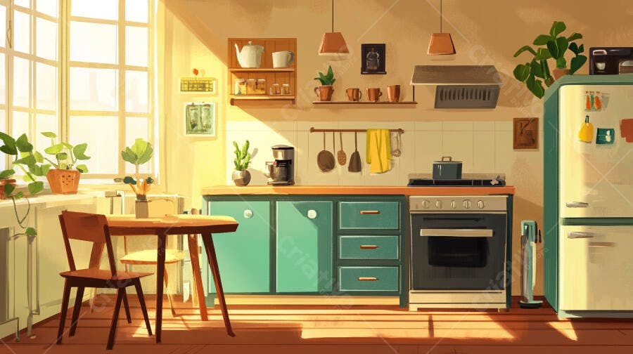 Cozinha aconchegante iluminada pelo sol da manhã