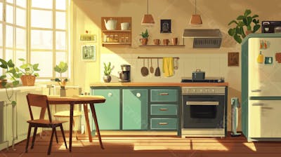Ilustração Digital de Cozinha Ensolarada com Design Aconchegante e Copy Space