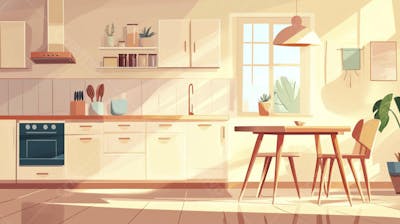 Ilustração Digital de Cozinha Ensolarada com Design Aconchegante e Copy Space