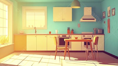 Ilustração Digital de Cozinha Ensolarada com Design Aconchegante e Copy Space
