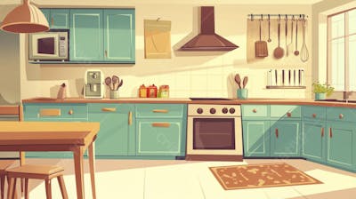 Ilustração Digital de Cozinha Ensolarada com Design Aconchegante e Copy Space