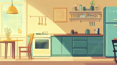 Ilustração Digital de Cozinha Ensolarada com Design Aconchegante e Copy Space