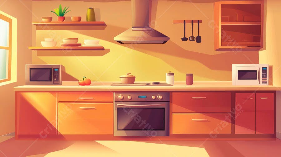 Cozinha moderna com armários laranja e eletrodomésticos