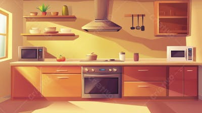 Ilustração Digital de Cozinha Ensolarada com Design Aconchegante e Copy Space