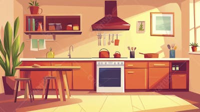 Ilustração Digital de Cozinha Ensolarada com Design Aconchegante e Copy Space