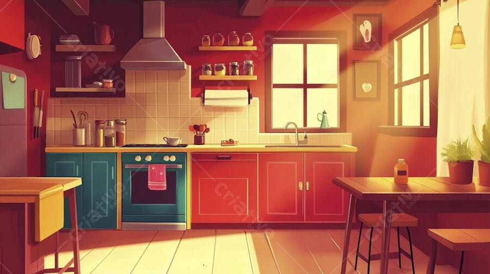 Ilustração Digital de Cozinha Ensolarada com Design Aconchegante e Copy Space