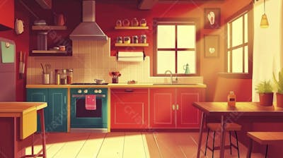 Ilustração Digital de Cozinha Ensolarada com Design Aconchegante e Copy Space