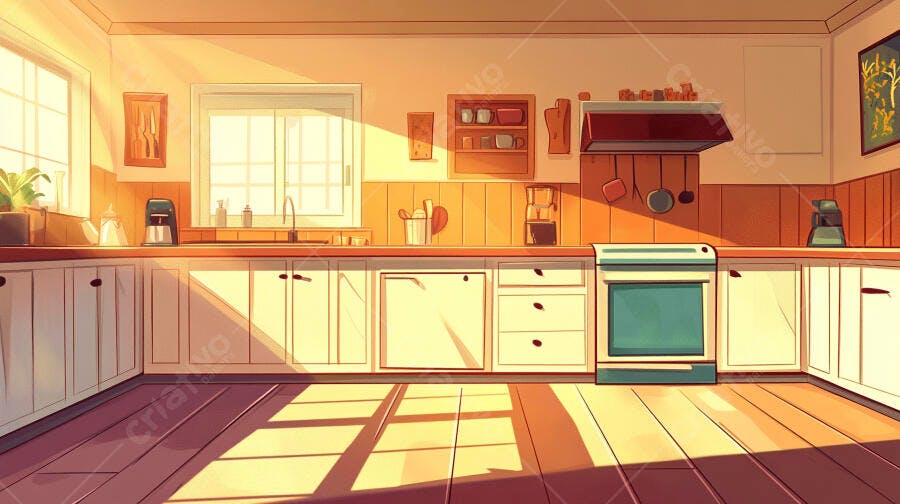Cozinha aconchegante iluminada pelo sol da manhã